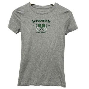 Y2K Aeropostale Women Fitted Graphic Tee S Gray Tennis Crest East Coast Academia